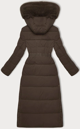 Długa gruba kurtka płaszcz z paskiem czekoladowa (WD202306)