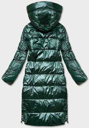 Długa zimowa kurtka damska z kontrastową podszewką zielona (j9-063)