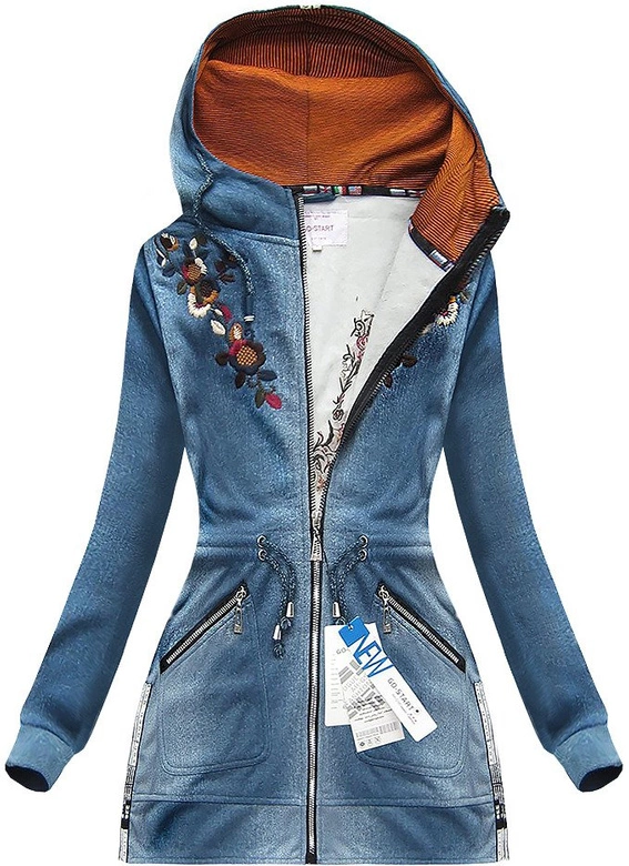 BLUZA Z HAFTAMI I KAPTUREM NIEBIESKA 1 (J7661)