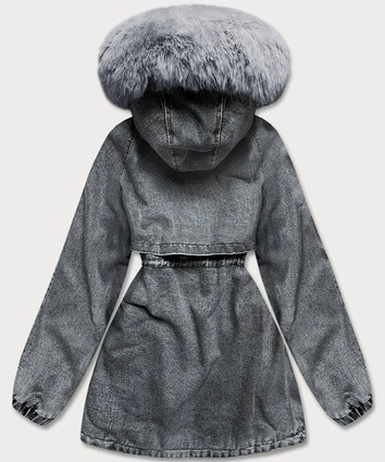 Damska kurtka jeansowa na futrzanej podszewce czarny/szary (br8048-109)