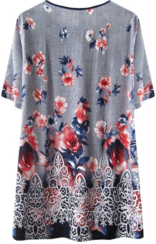 PROSTA BLUZKA W KWIATY Z APLIKACJĄ SZARA (247ART)