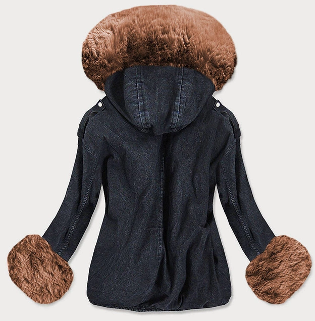 DAMSKA KURTKA JEANSOWA Z FUTRZANĄ PODPINKĄ CZARNO - BRĄZOWA (9023#)