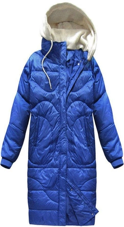 ZIMOWY PŁASZCZ DAMSKI OVERSIZE Z PUCHEM NATURALNYM NIEBIESKI (17127)