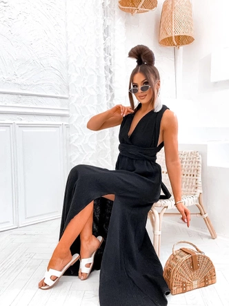 Muślinowa sukienka z wiązanym dekoltem czarna (8298)