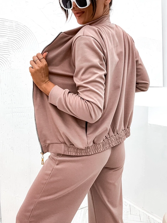 Komplet damski szerokie spodnie i bluza bomberka cappuccino (82105)