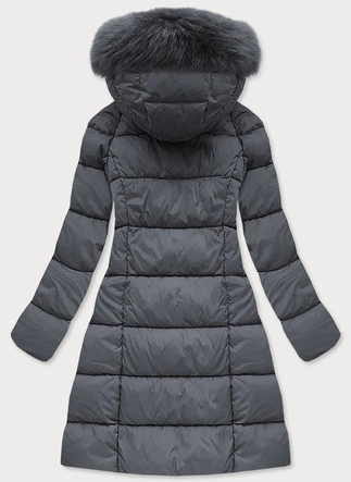 Długa pikowana kurtka damska zimowa z kapturem grafitowa (7751BIG)