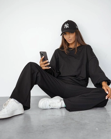 Waflowy komplet damski bluza + spodnie czarny (821108)