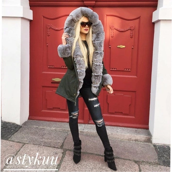 BAWEŁNIANA PARKA DAMSKA ZIMOWA Z FUTREM KHAKI-SZARA (K720)