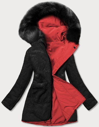 Ciepła kurtka zimowa damska dwustronna ciemny czerwony/czarny (w610)