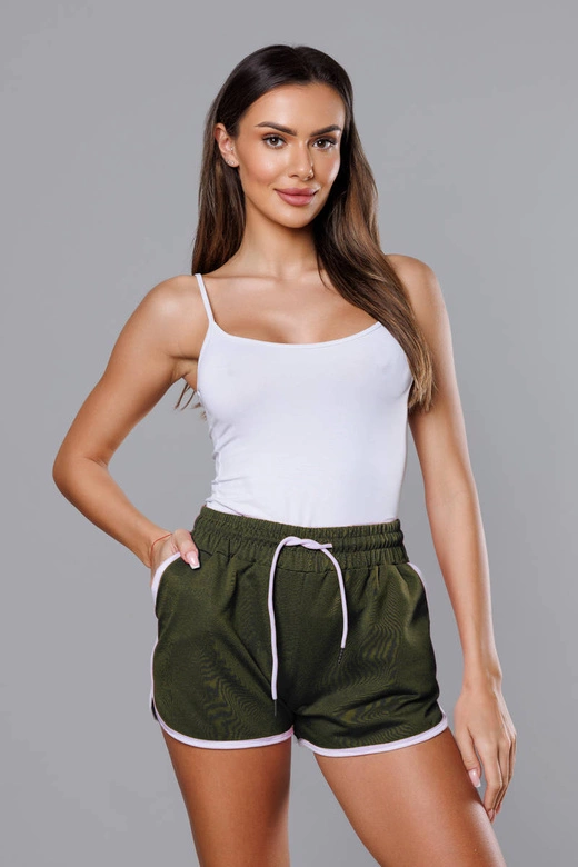 Damskie szorty z kontrastową lamówką khaki (8K208-29)