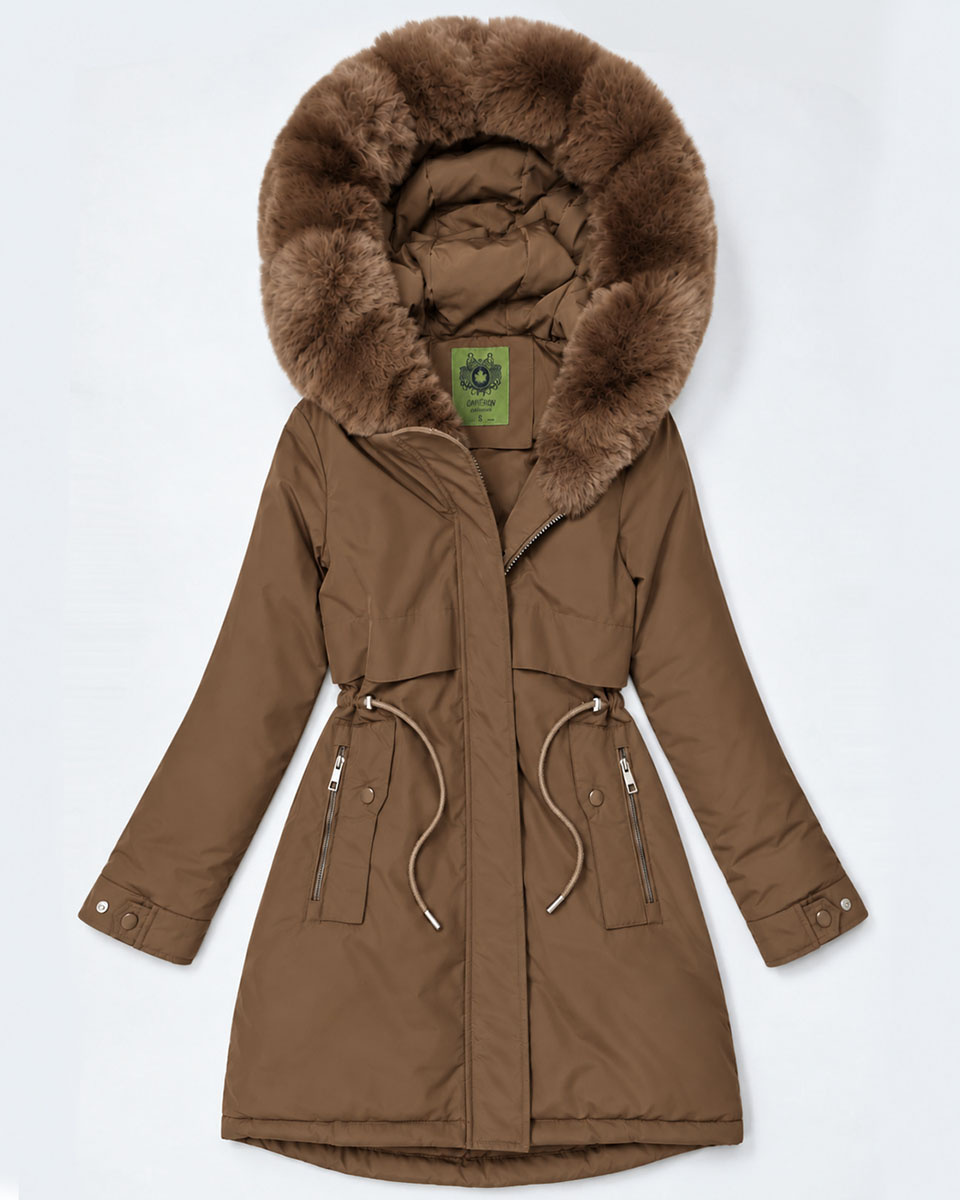 Damska parka zimowa z futerkiem brązowa (CAN-2508)