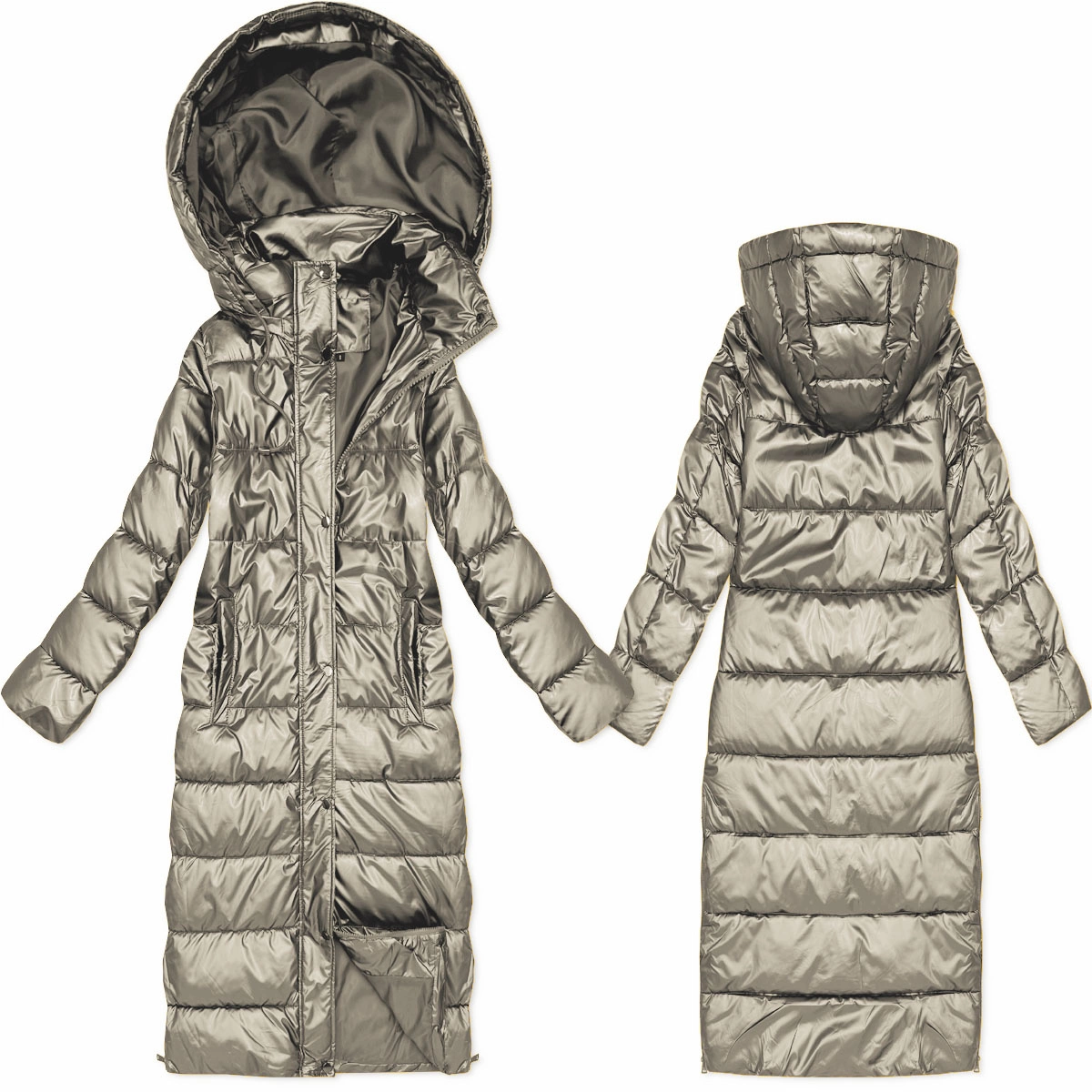 Długa pikowana kurtka przejściowa z kapturem ciemny beż (T3-2629#-62)