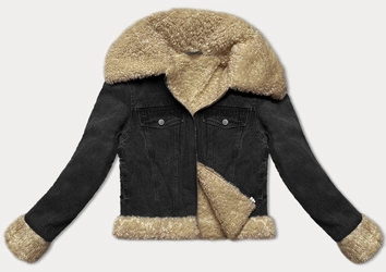 Jeansowa kurtka na podszewce typu baranek J Style wytarty czarny/beż (11Z8217)