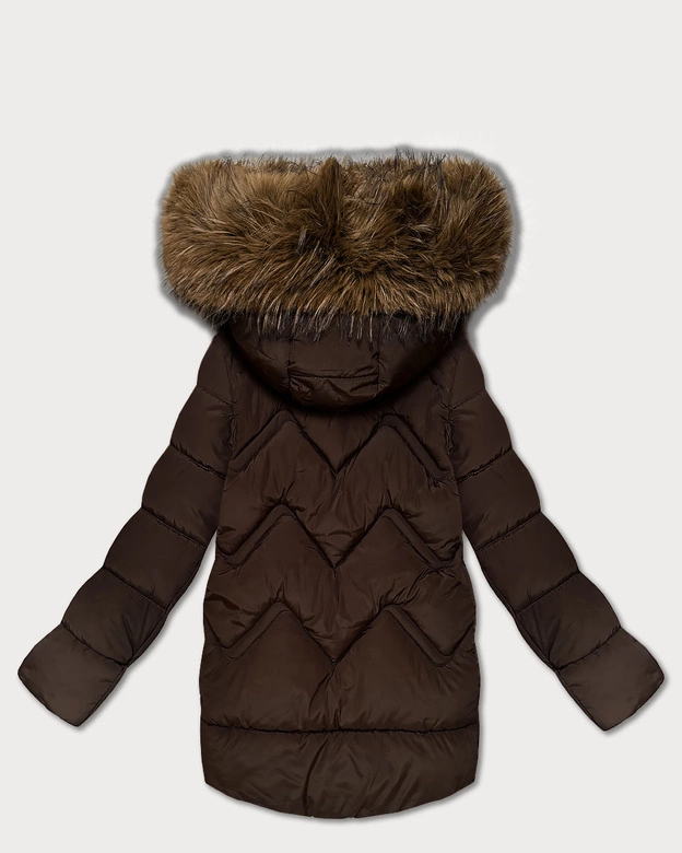 Puchowa zimowa kurtka damska z dużym kapturem brązowa (KK60589)