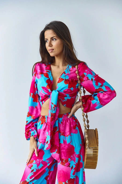 Zestaw wiązana bluzka i szerokie spodnie niebieski (8175)