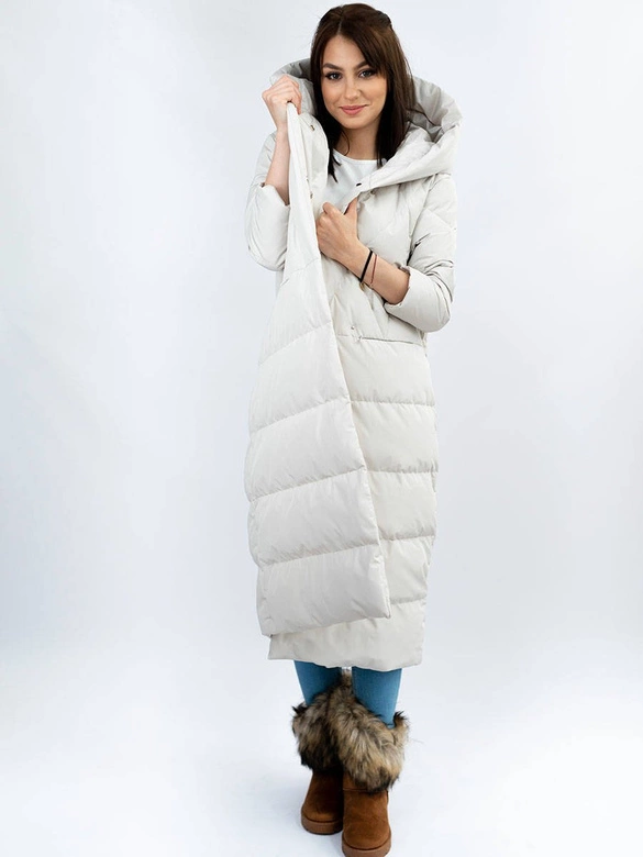 PROSTY ZIMOWY PŁASZCZ DAMSKI Z PUCHEM NATURALNYM JASNOSZARY (7120)