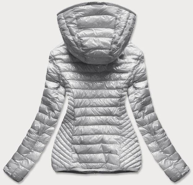 Pikowana kurtka damska z kapturem srebrna (b9561)
