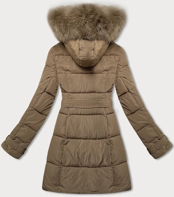 Damska kurtka zimowa z ozdobnymi paskami brązowa (23MY-208)