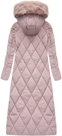 Długa damska kurtka zimowa z kapturem pudrowy róż (7688)