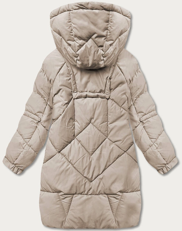 Puchowa kurtka damska z ozdobnymi taśmami camel (AG2-J85)