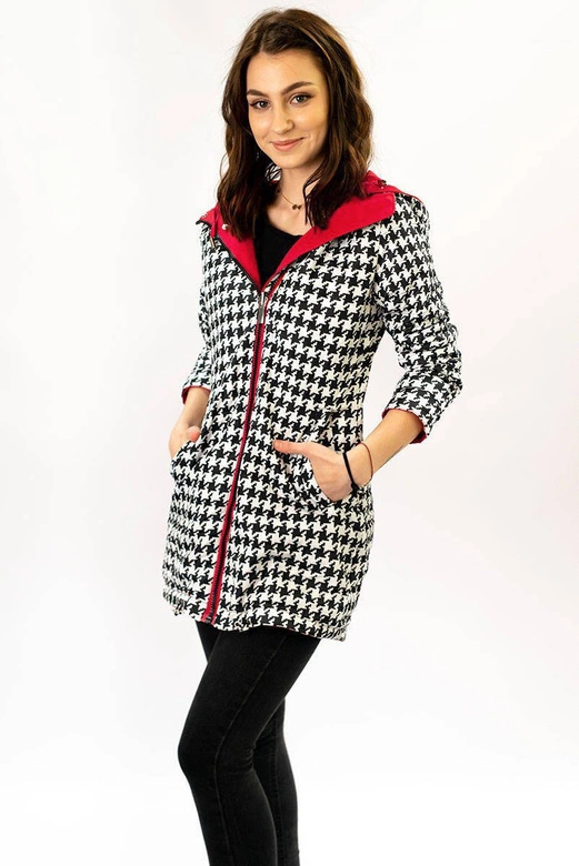 DWUSTRONNA TALIOWANA KURTKA DAMSKA CZERWONA-PEPITKA (W350)