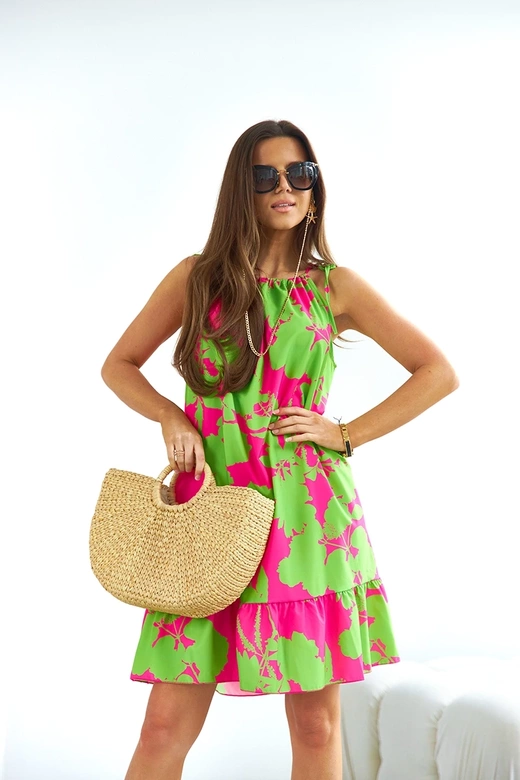 Sukienka z falbaną zielono-różowa (653)