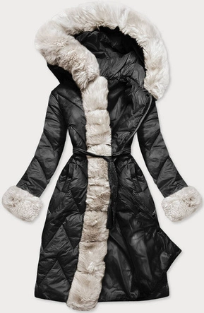 DAMSKA DŁUGA KURTKA PIKOWANA CZARNA-ECRU (772)