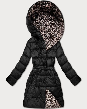 Dwustronna kurtka zimowa plus size czarna/panterka (M6-6008-1)