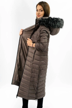 DŁUGI PIKOWANY PŁASZCZ DAMSKI BRĄZOWY (7758)