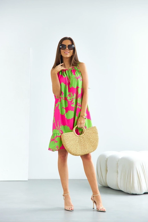 Sukienka z falbaną zielono-różowa (653)