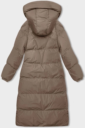 Długa gruba kurtka damska z kapturem ciemny beż (5M3163-84)