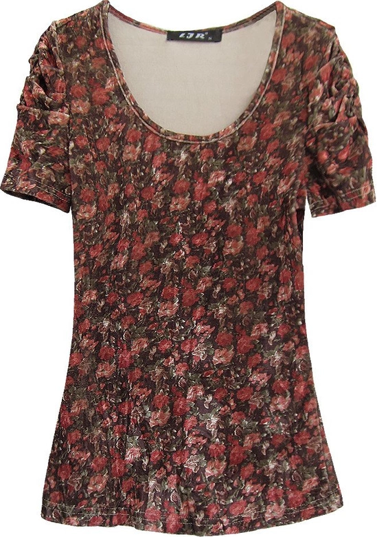 WELUROWA BLUZKA W KWIATY BRĄZOWO-CZERWONA (3682/2)