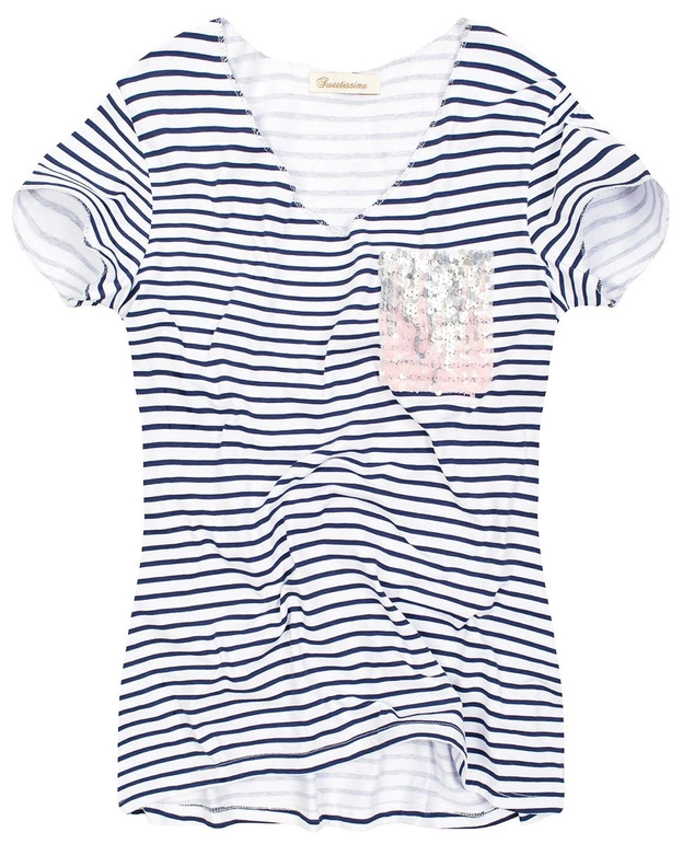 BAWEŁNIANY T-SHIRT W PASECZKI BIAŁO-GRANATOWY (51751-5)