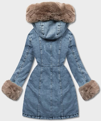 Damska kurtka jeansowa na futrzanej podszewce niebieski/beżowy (B8068-50012)