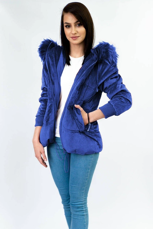 Sztruksowa damska kurtka z kapturem chabrowa (7696)