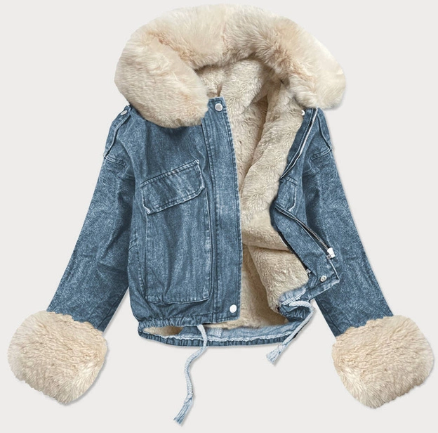 DAMSKA KURTKA JEANSOWA Z FUTRZANĄ PODPINKĄ NIEBIESKA-ECRU (9020#)