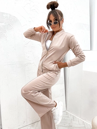 Komplet damski szerokie spodnie i bluza bomberka jasnobeżowy (82105)