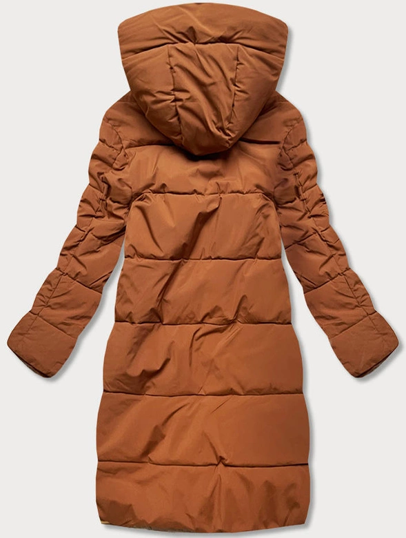 Dłuższa kurtka zimowa damska z wysoką stójką karmelowa (j9-067)