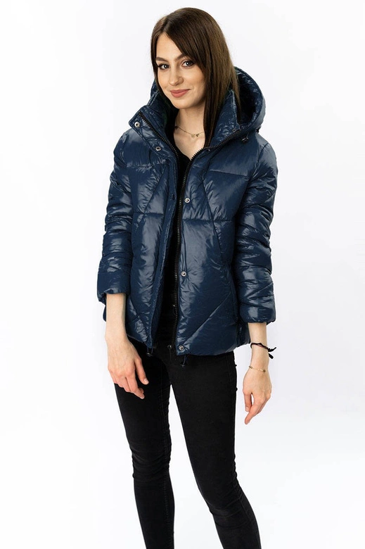 Damska kurtka pikowana z odpinanym kapturem granatowa (7564)