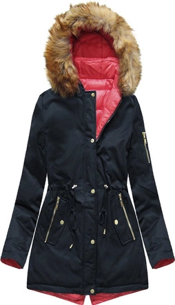 DWUSTRONNA ZIMOWA PARKA DAMSKA Z KAPTUREM GRANATOWO-CZERWONA (B2636)