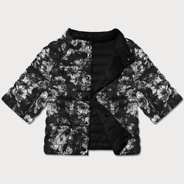 Dwustronna kurtka damska plus size z rękawem 3/4 Minority czarna/kwiaty (M23-7010-1)