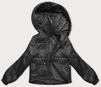 Krótka kurtka damska z kapturem czarna (B8216-1)