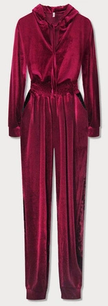 DŁUGI KOMBINEZON WELUROWY Z KAPTUREM BORDOWY (628ART)