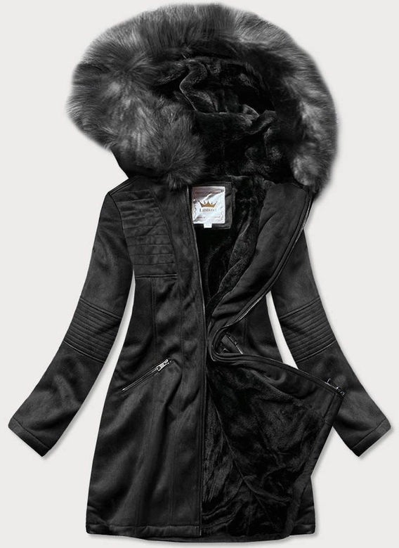 ZAMSZOWA DAMSKA KURTKA ZIMOWA Z KAPTUREM CZARNA (6516)