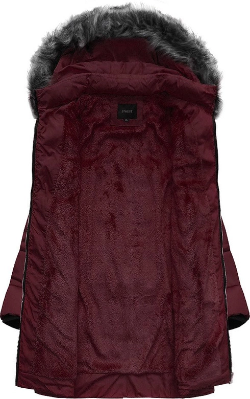 DŁUŻSZA ZIMOWA KURTKA DAMSKA Z KAPTUREM BORDOWA (B9902)