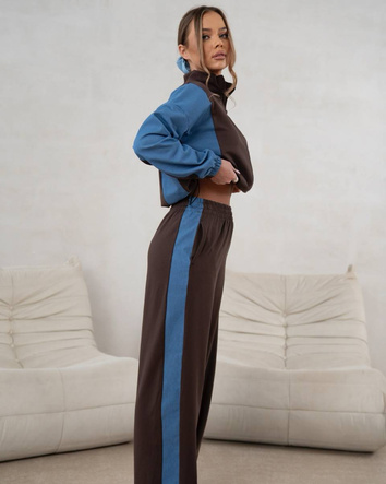 Komplet dresowy bluza na zamek + spodnie wide leg czekoladowo-niebieski (821151)