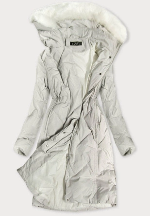 ZIMOWY PŁASZCZ DAMSKI Z KAPTUREM I PUCHEM NATURALNYM JASNOSZARY (7119)