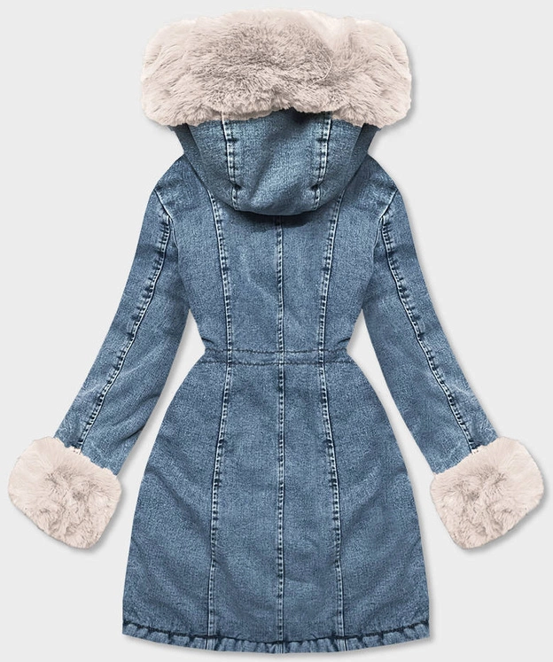 Damska kurtka jeansowa na futrzanej podszewce niebieski-ecru (B8068-50046)