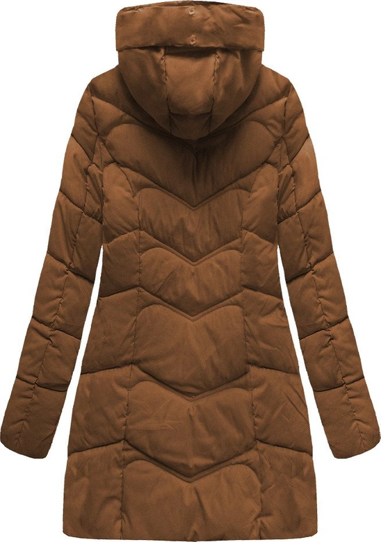 DŁUŻSZA PIKOWANA DAMSKA KURTKA ZIMOWA Z KAPTUREM BRĄZOWA (B2643)