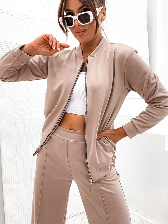 Komplet damski szerokie spodnie i bluza bomberka ciemnobeżowy (82105)